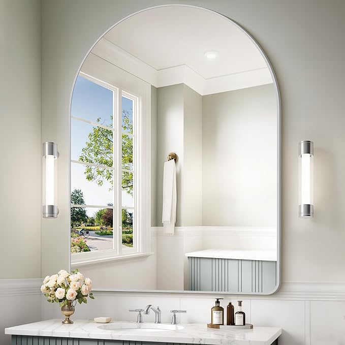 Arched Wall Mirror for Bathroom, 36"x48" Silver Arch Bathroom Mirror, Wall Mounted Mirror, Silver Vanity Wall Mirror w/Metal Frame for Bedroom, Entryway, Living Room, Vertically Hanging