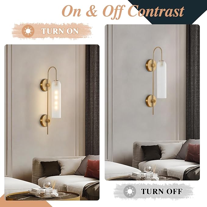 BOKT Mid Century Modern 1-Light Wall Mounted Light Brushed Gold Metal Wall Sconce Lighting Minimalist Anti Brass Wall Sconce Lamp White Glass Bathroom Vanity Light Fixture (White)