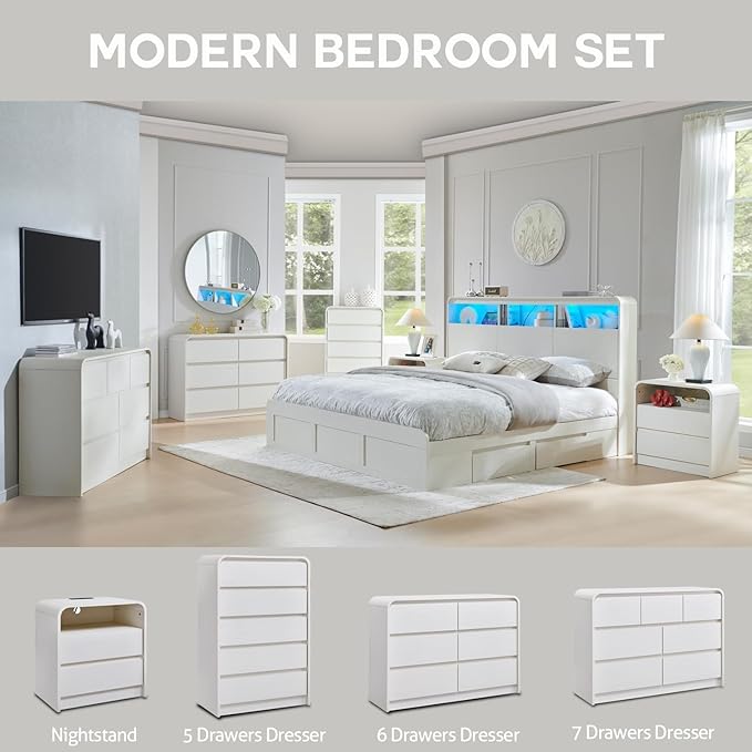 25" Tall Modern Nightstand with Charging Station, 23.6'' Wide Wood Bedside Table w/2 Storage Drawers, Large Mid Century End Table for Bedroom, Living Room, Curved Profile Design, White