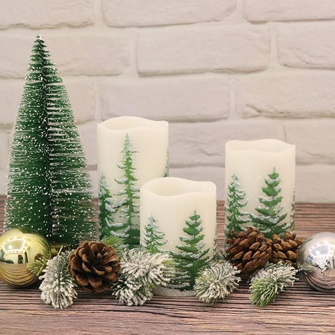 DRomance Christmas Flameless Candles with 6 Hour Timer, 3 Pack Real Wax LED Pillar Candles Warm Light Flickering Holiday Decor(Green Christmas Tree, 3 x 4,5,6 Inches)