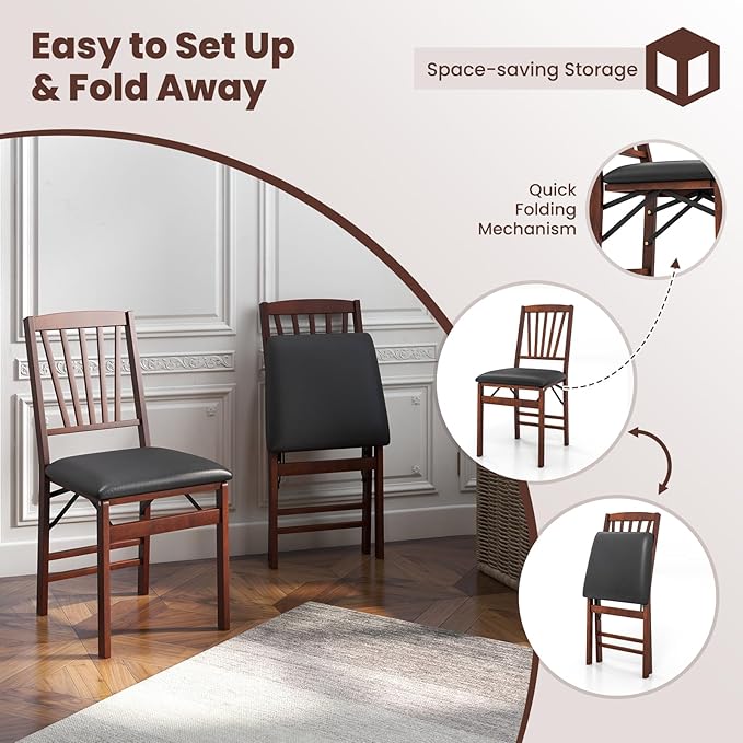COSTWAY Folding Dining Chairs Set of 4, Upholstered Wooden Dining Room Chairs with PVC Padded Seat, Solid Wood Frame and 400LBS Capacity for Kitchen Apartment (Black & Brown)