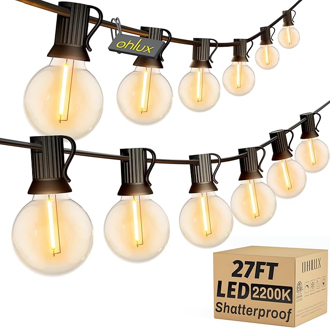 OHLUX Outdoor String Lights, 27 FT G40 Globe LED Patio Lights with 13 Dimmable Plastic Bulbs(1 Spare), 2200K Waterproof Connectable Hanging for Backyard Porch Cafe Party Decor, E12 Socket Base