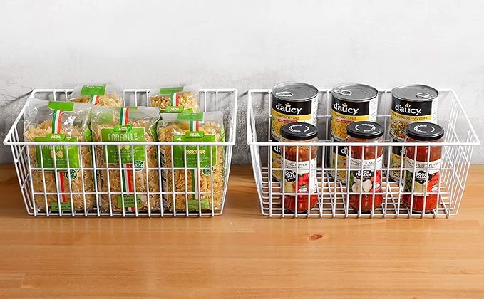 Redrubbit Wire Storage Baskets, Large Farmhouse Metal Freezer Basket Storage Organizer Bins with Handles for Kitchen Cabinets, Pantry, Closets, Bedrooms, Bathrooms, Set of 4, White