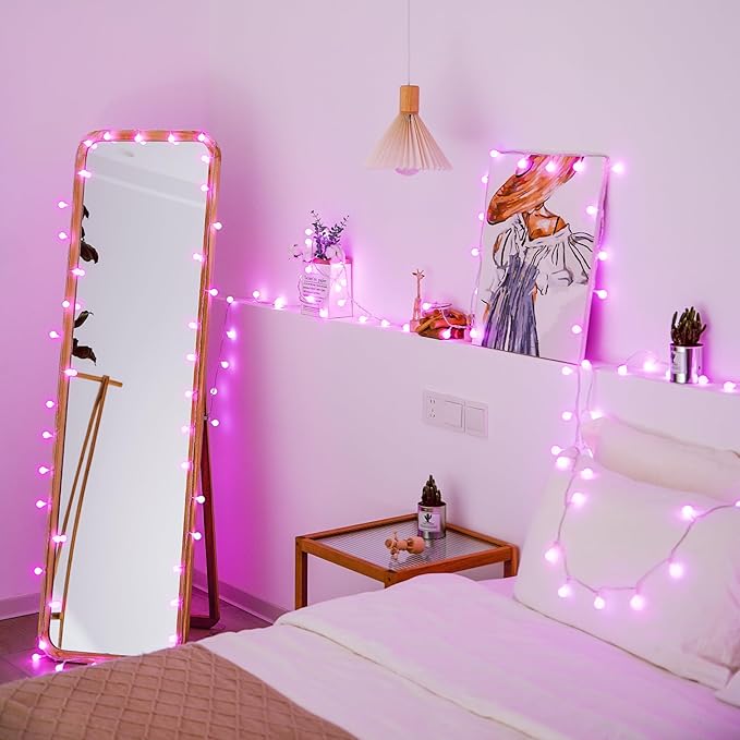 JMEXSUSS 100 LED Pink String Lights Indoor, Connectable Globe String Lights Plug in, 8 Modes 33ft Pink Christmas Fairy Light with Remote for Bedroom Girl's Room Dorm Anniversary Party Decor