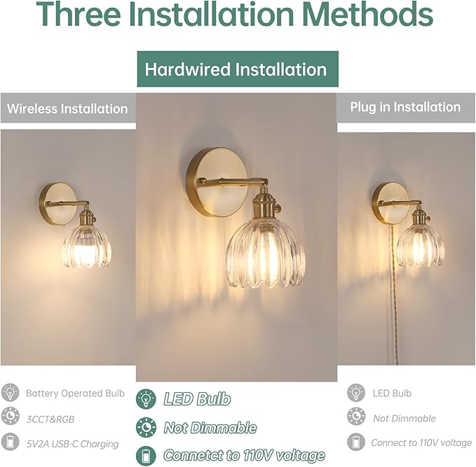 Vintage Wall Sconces with Cute Transparent Tulip Glass Lampshade 180 Degree Adjustable Brass Sconces Hradwired Modern Wall Lighting Fixture with Switch for Bedside Bedroom Doorway
