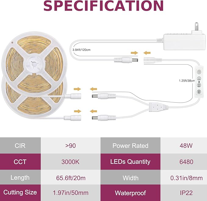 65.6ft COB LED Strip Light with Remote, 3000K Dimmable Bright Warm White Led Lights Strip, Flexible DC24V Led Tape Light for Bedroom, Kitchen, DIY Lighting (2 Rolls of 32.8ft)