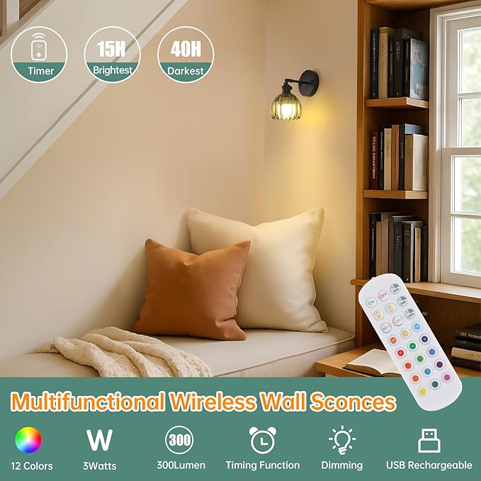 Vintage Battery Operated Wall Sconce with Cute Green Tulip Glass Lampshade Wireless Rechargeable Battery Powered Black Wall Light with Remote Control for Bedside Bedroom Doorway