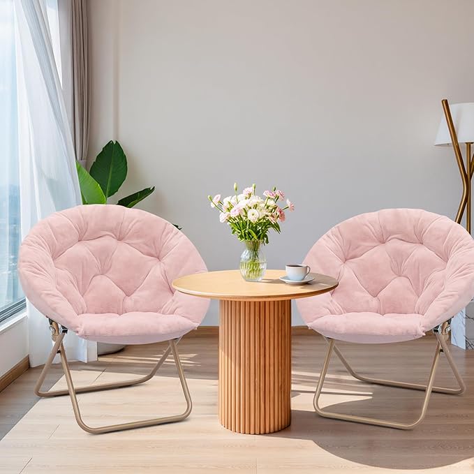 Magshion Saucer Chair for Adults, Comfy Living Room Lounge Chair for Bedroom Corner, Dorm, Apartment, Faux Fur Fluffy Circle Accent Seat with Thick Padded & Folding Metal Frame (Pink, Set of 2)