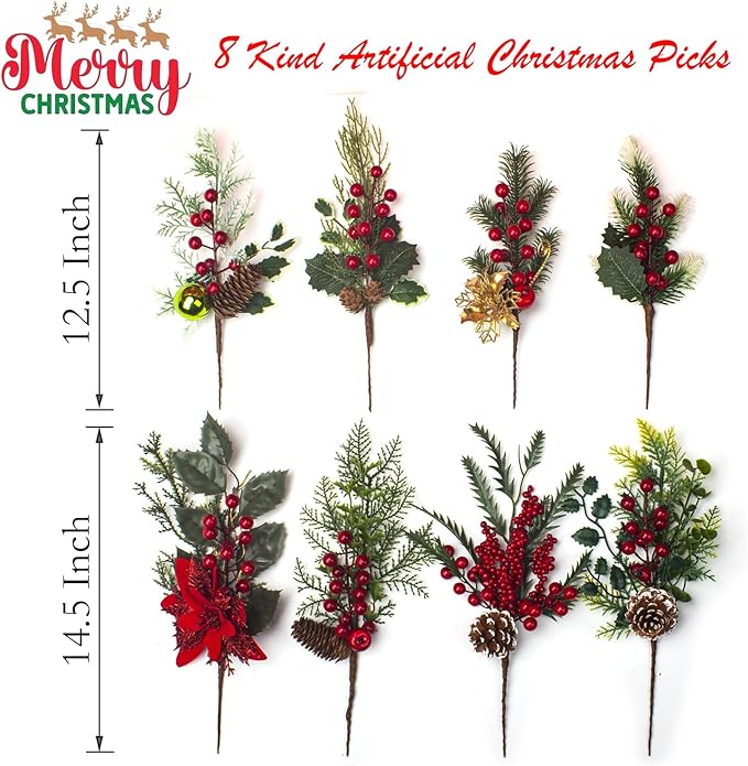 8Pack Artificial Christmas Picks - Assorted Red Berry Picks Stems & Faux Pine Picks Spray with Pinecones, Apples & Holly Leaves for Stunning Holiday Décor & Wreath Creations!