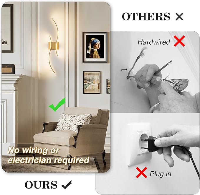 Battery Operated Wall Sconces with Remote Control, Stepless Colors 3000K-6000K & Dimming, LED Gold Wireless Wall Light for Living Room, Hallway, Bedroom, 27.5 Inch (1 Pack)