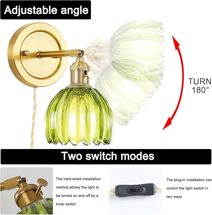 Plug in Vintage Wall Sconces Set of 2, 180 Degree Adjustable Brass Vanity Lights Fixture with Green Tulip Glass Lampshade, Modern Wall Lighting for Bedside Bedroom Bathroom