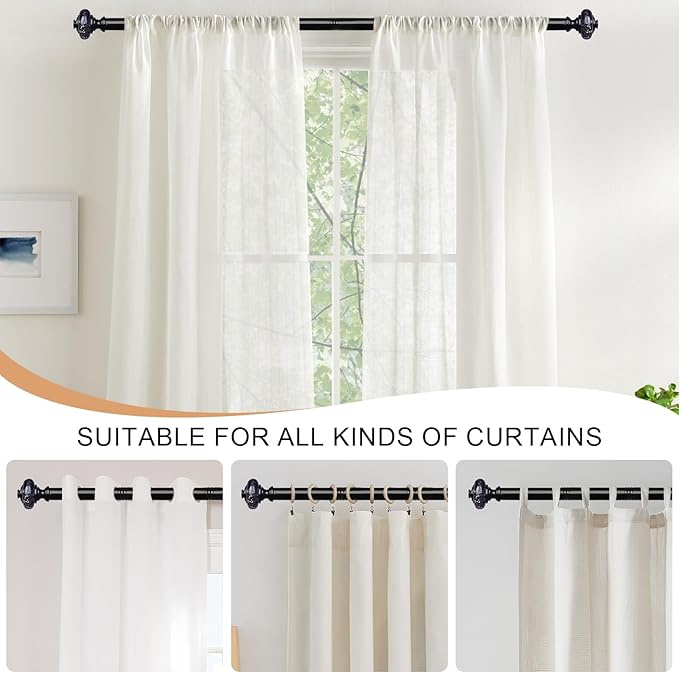 2 Pack Black Crystal Curtain Rods for Windows 48 to 84 Inch, Adjustable Decorative 1'' Heavy Duty Curtain Rod with Black Foil Finials, Vintage Easy Install Rustic Farmhouse Drapery Pole Set