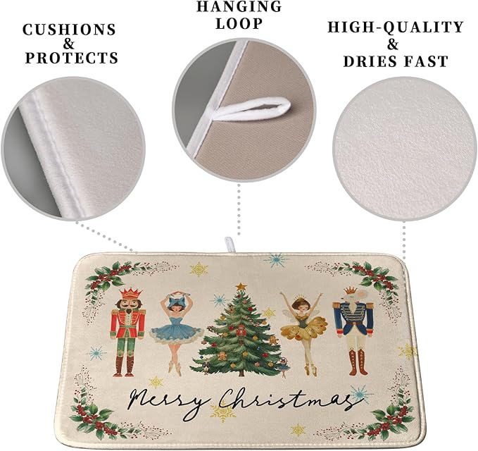Merry Christmas Nutcracker Dish Drying Mat for Kitchen Counter 16x18 Inch Winter Xmas Tree Snowflakes Drying Mats Microfiber Absorbent Dish Drainer Washable Dish Rack Pad for Sink Coffee Bar