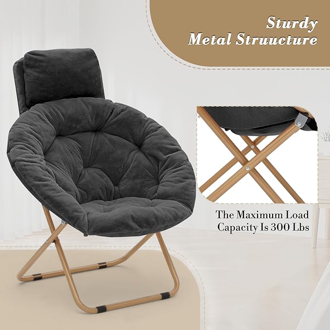 Athena Collection Comfy Saucer Chair with Headrest Oversize Round Cozy Chair Folding Chair Faux Fur Metal Frame Foldable Reading Chair Accent Chair for Bedroom Living Room, Black