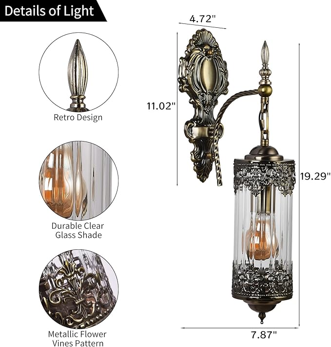 Rustic Wall Sconce with Clear Glass,Vintage Antique Gothic Wall Light Fixture E26 Mid Centry Lantern Bedside Sconces Wall Lighting for Living Room Bathroom Hallway Mirror