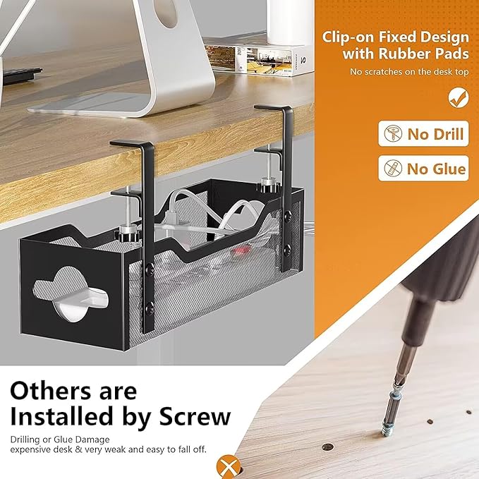 2-Pack Under Desk Cable Management Tray 13.38", Quszmd Cable Organizer No Drill, Standing Cord Organizer and Wire Management Tray - No Damage to Desk, Black