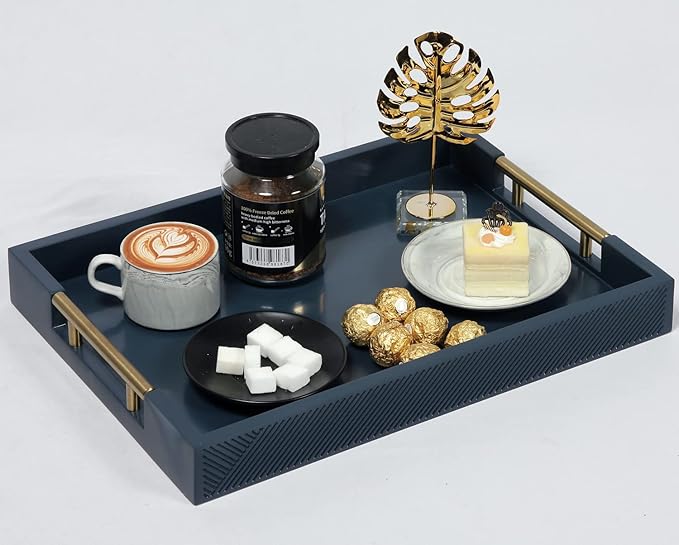 Serving Tray with Polished Metal Handles, 16.5''x12'' Rectangle Coffee Table Tray, Modern Decorative Tray, Large Ottoman Tray, Perfect for Storage and Display (Blue)