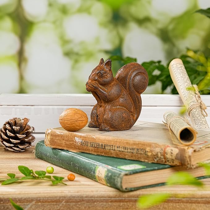 Sungmor Cast Iron Squirrel Statue, Vintage Animal Collection Figurines, Home Office Table Decor, Paperweight, Doorstop, Garden Lawn Cute Ornament, Rust Finish