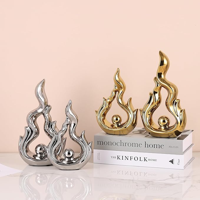 2 Pcs Gold Ceramic Sculptures for Home Decor, Modern Abstract Art Statues, Centerpieces for Dining Room Table, Living Room, Shelf, Mantel, Coffee Table, Entryway Accent Decorations