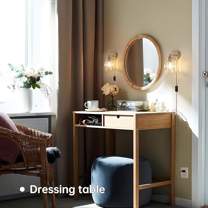 Plug in Wall Sconce, Cute Transparent Tulip Glass Lampshade Wall Light Plugin Corded for Bedside Bedroom Doorway