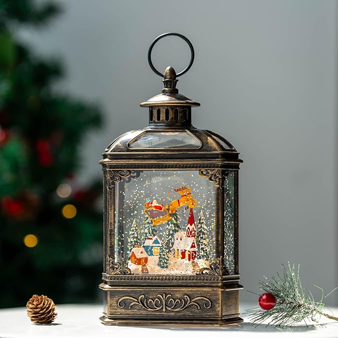 Christmas Snow Globe Lighted Church & Flying Santa Scene, Musical Snow Water Lantern Swirling Glittering Home Decoration and Gift, Battery Operated or USB Powered