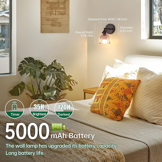 Vintage 5000 mAh Battery Operated Wall Sconce with Pink Clear Tulip Glass Lampshade Rechargeable Battery Powered Wall Light with Remote Control for Bedroom Doorway, Set of 2
