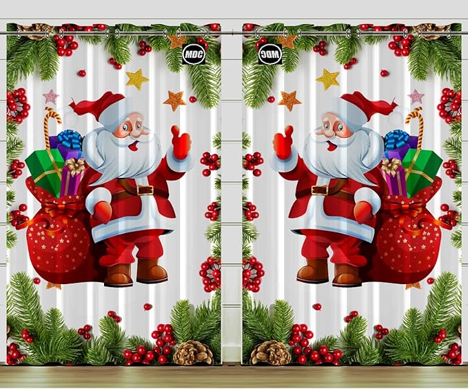 Xmas Decorative Curtain 48x84 Inches for Living Room, Bedroom, Kitchen, Doorway and Shower Traditional Graphic Printed Santa Claus Snowflakes Ribbon Grommet Farmhouse Window Curtains (1 Curtain Only)