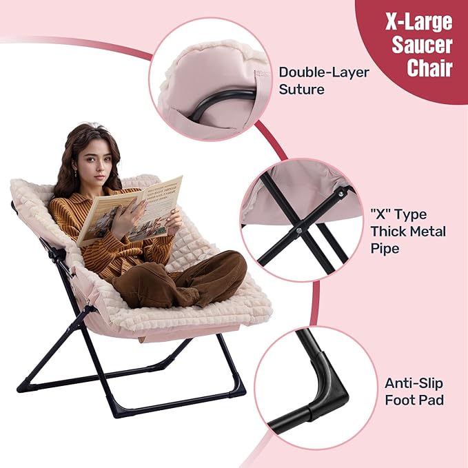 HollyHOME X-Large Saucer Chair with Foldable Ottoman, Comfy Oversized Folding Chair and Folding Footrest Stool Set, Faux-Fur Reading Chair and Footstool for Living Room, Champagne Pink Chair&Stool