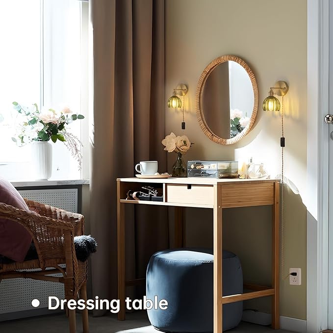 Plug in Wall Sconce, Green Tulip Glass Lampshade Wall Light Plugin Corded for Bedside Bedroom Doorway