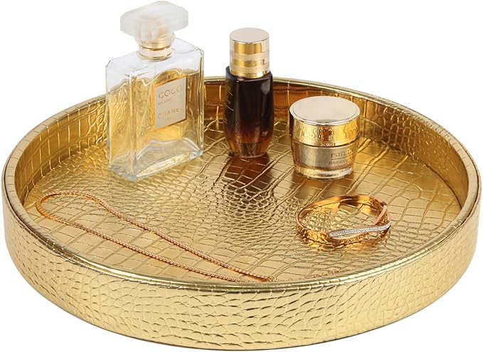 HofferRuffer Faux Leather Round Serving Tray, Vegan Croco Leather Decorative Tray, Food Tray for Storage Drinks, Snack & Cosmetics, Dia.12'' x 1.6'' (Gold)