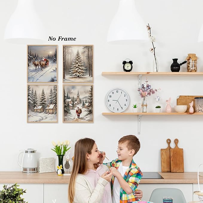 Boat Wades Farmhouse Winter Christmas Wall Art Prints Set of 4, Retro Xmas Santa Sleigh Snowy Forest Posters Pictures Wall Decor for Bedroom Living Room Office, Christmas Home Decor, 8x10 Unframed
