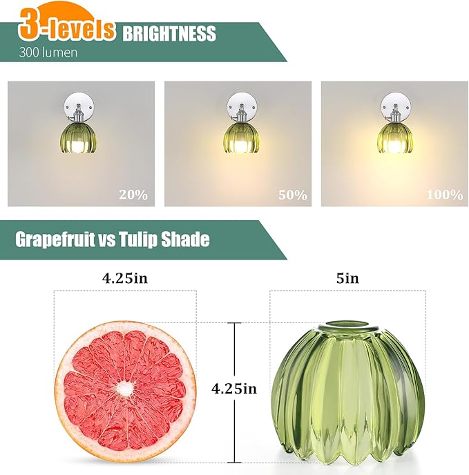 Battery Operated Wall Sconce with Cute Green Tulip Glass Lampshade Rechargeable Wireless Wall Light with Remote Control for Bedside Bedroom Doorway, Silver, Set of 2
