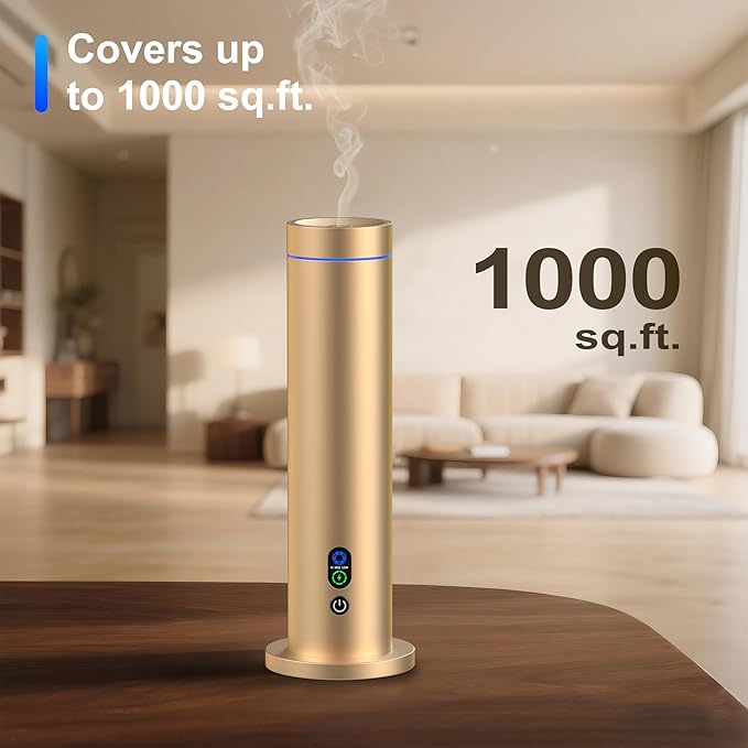Waterless Diffuser, 1000 Sq.Ft Coverage, Essential Oil Diffuser with Tilt-Safe, Remote Control, Adjustable Mist Mode, Mood Lights Aromatherapy Diffuser for Home, Large Room, Office, Hotel, Gold