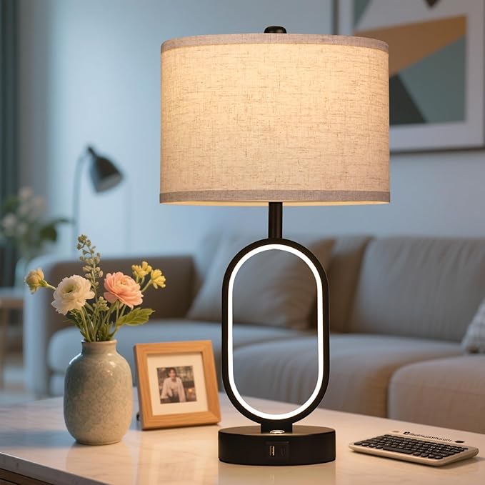 Farmhouse Table Lamps Set of 2, Built-in Dimmable Night Light Bedside Lamps, Table Lamps for Night Stands with USB Charging Ports, Bedroom Lamps for Nightstand, LED Bulbs Included