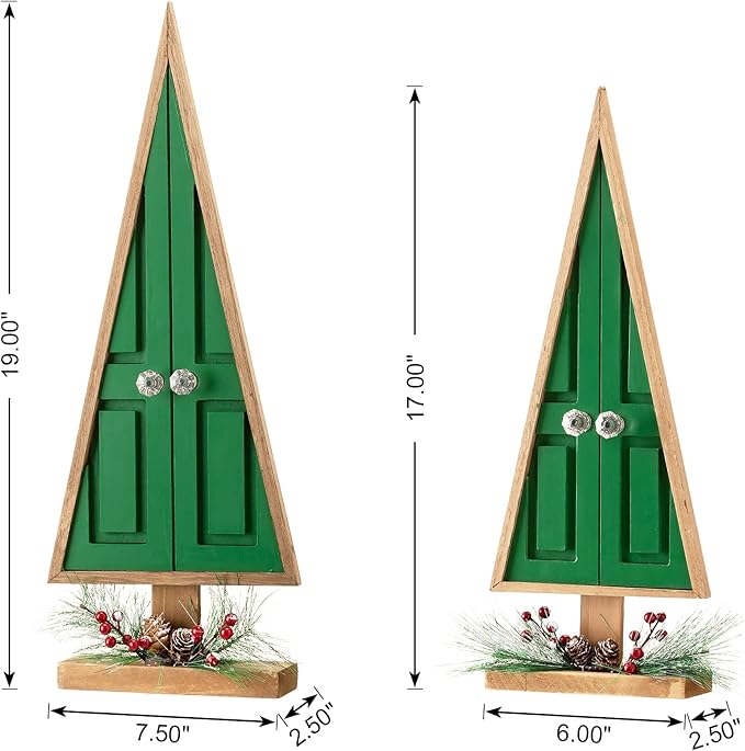 Glitzhome Tabletop Wooden Christmas Tree Set of 2 with Pinecones and Berries for Xmas Holiday Home Decorations, 19" H, Green