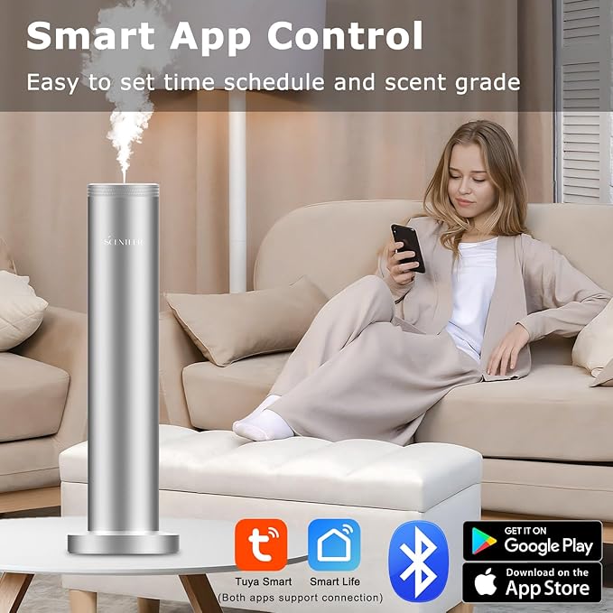 Wireless Hotel Scent Diffuser-Cordless Rechargeable Diffuser for Whole House- Scent Air Machine for Home -App Bluetooth Control -Waterless Essential Oil Diffuser for Large Room, Studio Office -Silver