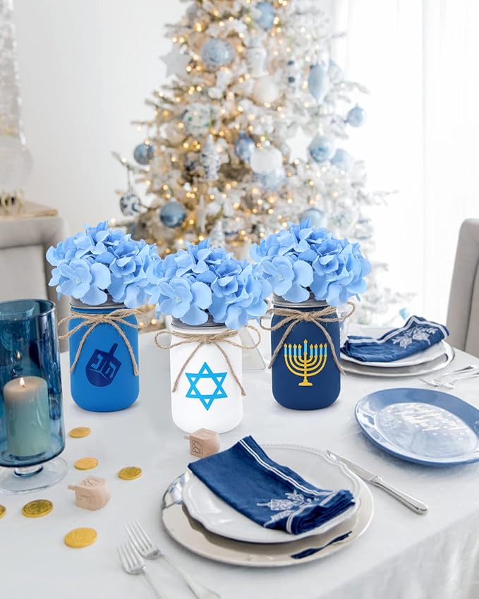 Nefelibata Hanukkah Mason Jar Floral Arrangement Table Centerpiece Hanukkah Home Decor Hanukkah Tiered Tray Decor with Faux Plants Artificial Blue Flowers Set of 3