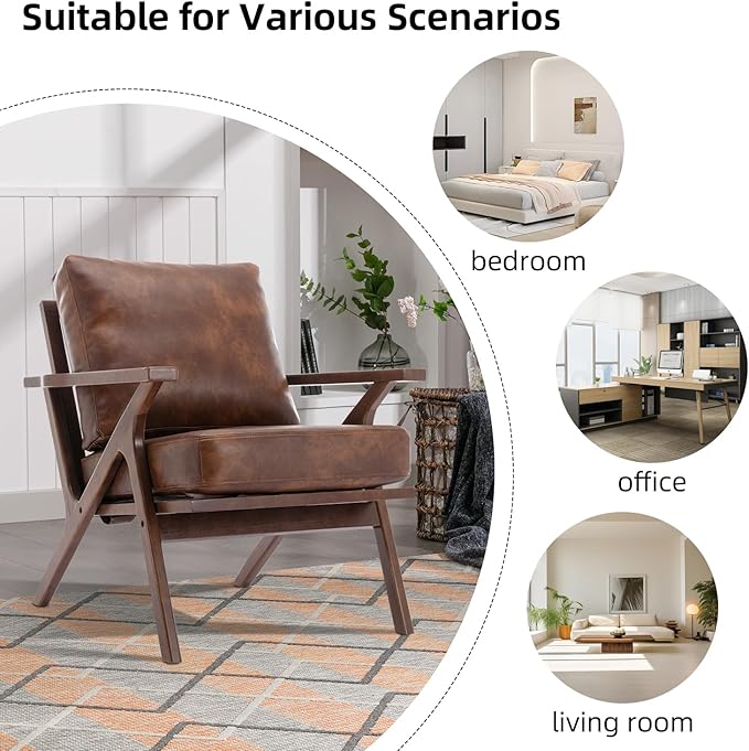INZOY Mid-Century Modern Accent Chair with Wood Frame, PU Leather Living Room Chair and Soft Thick Padded Armchair for Living Room Bedroom Reception with Removable Upholstered Cushions, Reddish Brown
