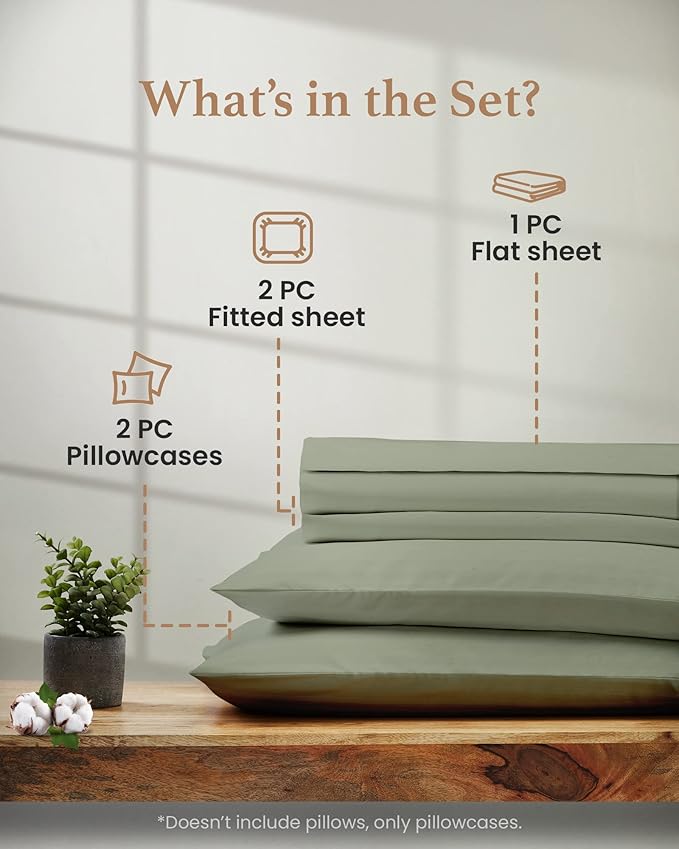 Good Sleep Bedding Split King Sheets Set - 100% Cotton, 1000 TC Egyptian Cotton, 5 Piece Set, 2 Fitted - 16" Deep Pocket, Sateen, Sage
