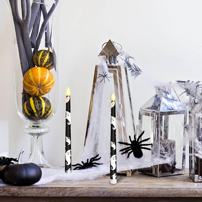 Halloween Decor Flameless Taper Candles with Remote & Timer - White Ghost Decal Black LED Taper Candles with Timer - Home Party Horror Theme Haunted House Decorations, Set of 2