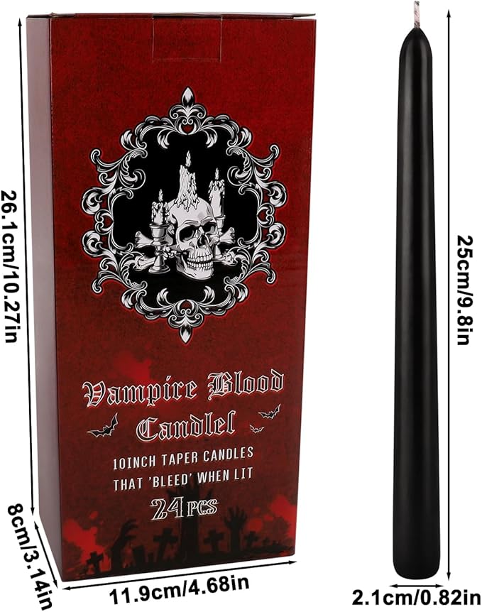 24 Pack Vampire Tears Taper Candles, 10 inch Tall Bleeding Candles, Unscented Black Tapered Candlesticks, Spooky Blood Drip Candle Set for Halloween Party Gothic Home Decorations