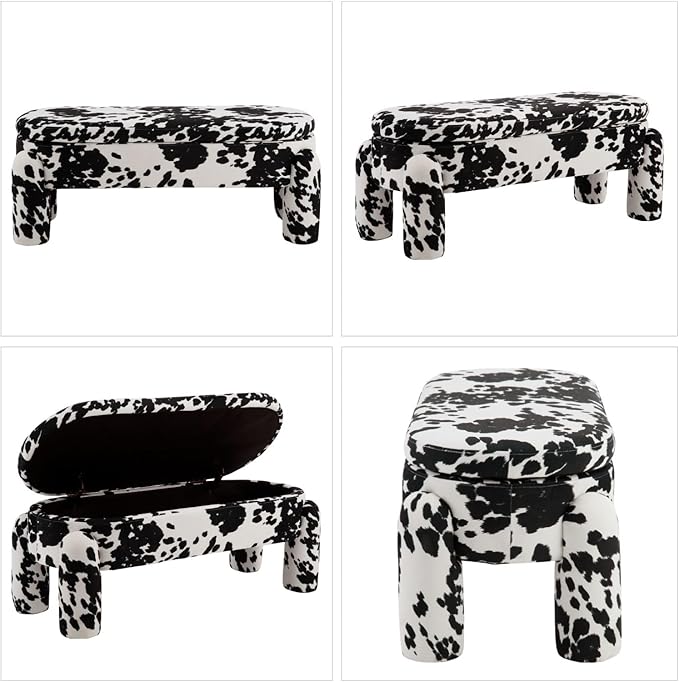 DUOMAY Modern Storage Ottoman Bench, Velvet Upholstered Storage Bench End of Bed Stool for Bedroom Living Room Entryway, 44.75" Width, Milk Cow/Black