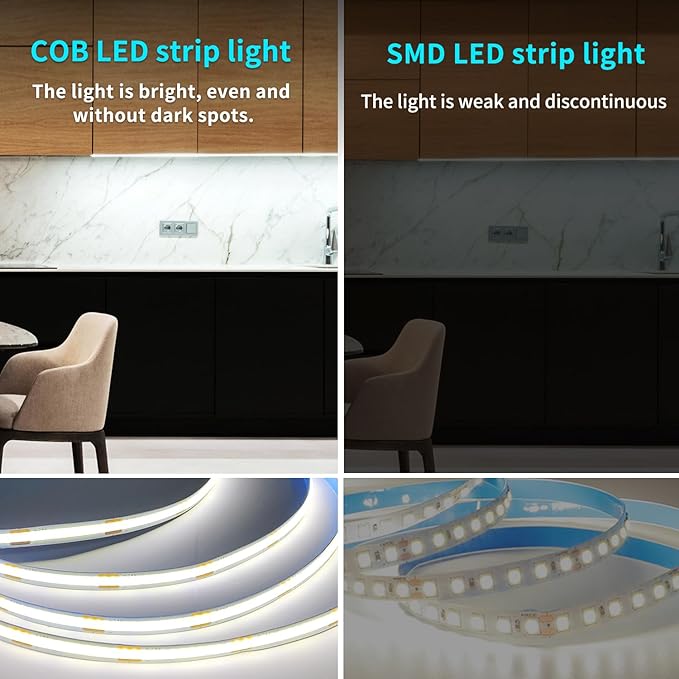 COB LED Strip Lights 6000K 65.6ft DC 24V Dimmable White Flexible LED Tape Light for Bedroom, with Remote and app Control LED Tape Lights CRI90+,forLiving Room, Shelf, Cabinet Home Decoration