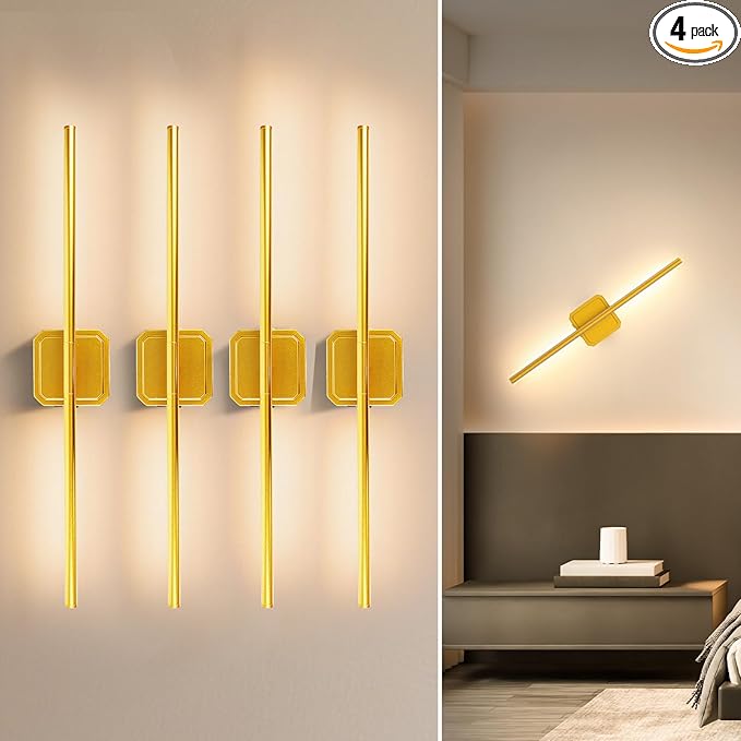 10000mAh Battery Operated Wall Sconce Detachable, Wireless Wall Lamp 3000-6500K Dimmable, Rechargeable Wall Light for Bedroom, Living Room, 28.3" Gold (4 Pack)