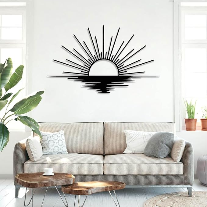 Sunrise Metal Wall Art, Metal Sun Wall Decor, Sun Outdoor Wall Art, Abstract Sunrise Wall Decor, Boho Home Hanging, Living Room Wall Hanging (White, 30"x18"/76x45cm)