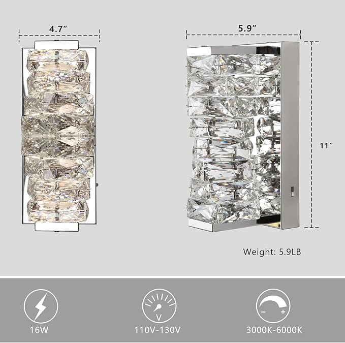 HuisMier Chrome Crystal Wall Sconces, Modern Dimmable LED Wall Light Fixtures with 3 Color Temperature, K9 Elegant Crystal Vanity Wall Lighting for Bathroom Bedroom Living Room Stairway Hallway
