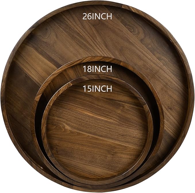 26 x 26 inches Extra Large Round Ottoman Table Tray, Wooden Solid Black Walnut Circle Platter Decorative Serving Tray with Handle for Oversized Ottoman Home Breakfast in Bed Tea Coffee