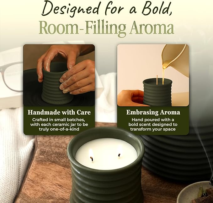Scented Luxury Candles in Handmade Ceramic Jars, Soy Wax | Woody Wood β Oud & Agarwood, Large Candle | Non Toxic, 2 Wicks, Reusable Big Olive Green Jar | Natural Spring Aromatherapy for Women & Men