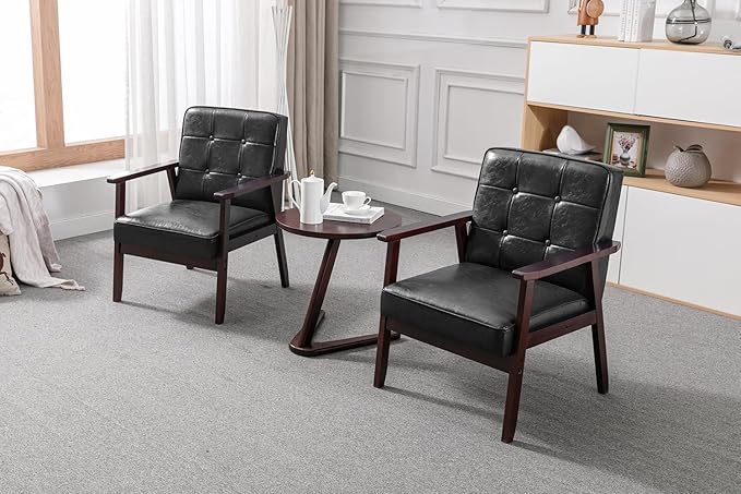Okeysen Mid Century Modern Accent Chair, Retro Wood and Leather Armchairs Side Chair, Lounge Reading Comfy Arm Chair for Living Room, Bedroom, Office (Black)