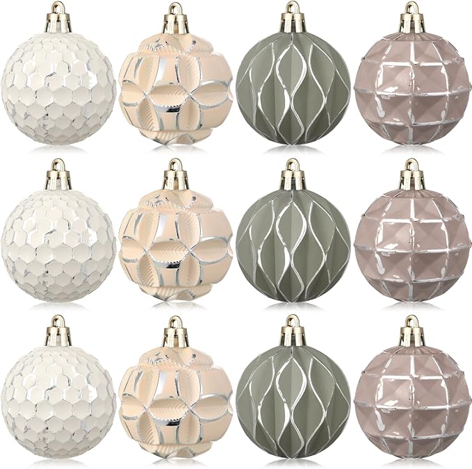 Syhood 12 Pcs Neutral Textured Christmas Ball Ornaments 2.4 Inch Vintage Xmas Tree Decorations Rustic Distressed Xmas Baubles Antique Farmhouse Modern Christmas Decor for Tree Home (Neutral)